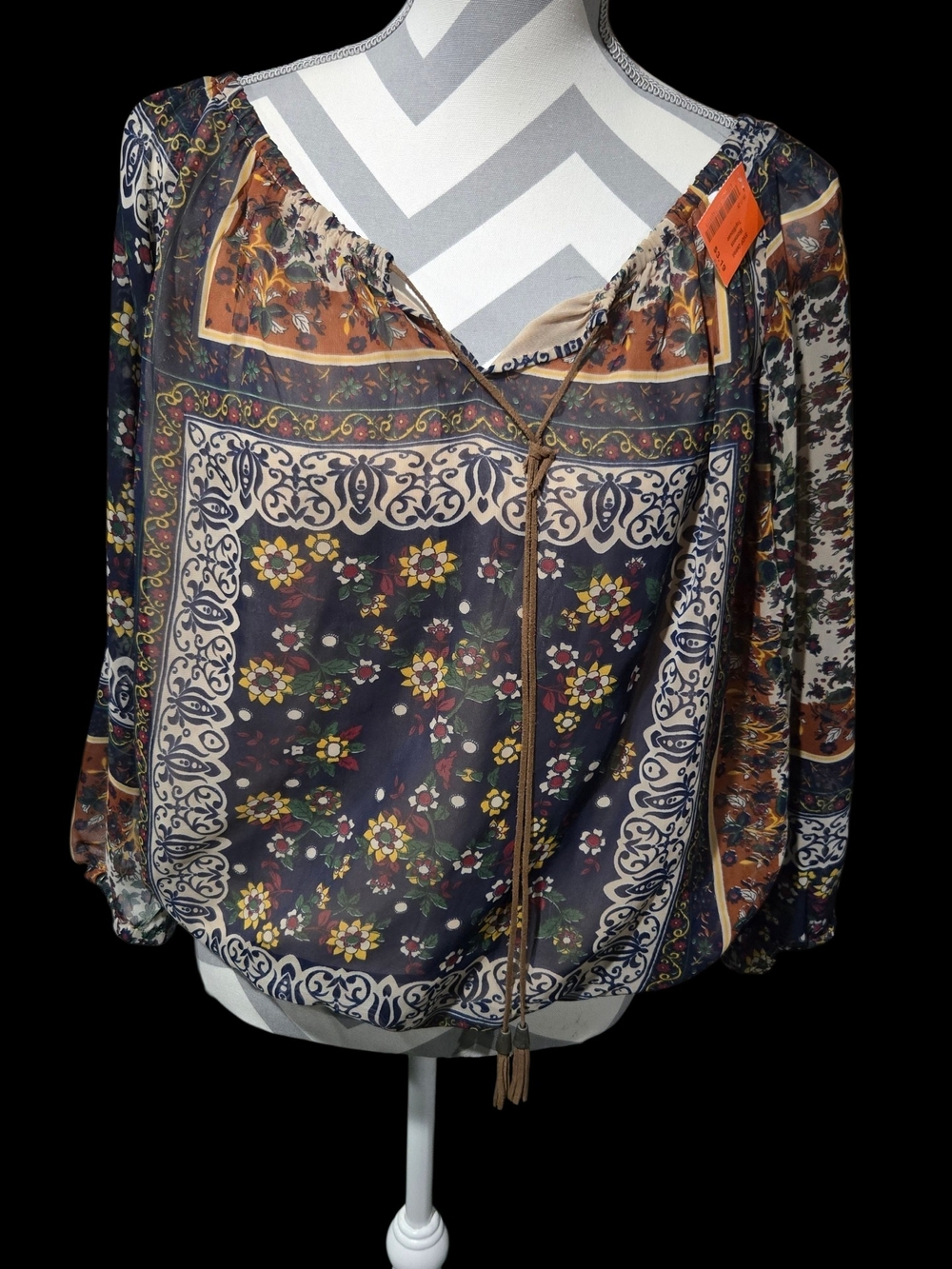Massini Navy, Brown and Cream Boho Floral Tie-Front Blouse